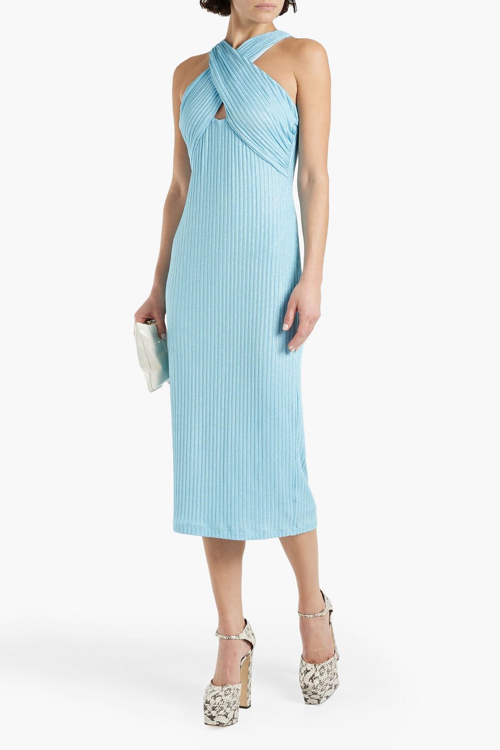 ML MONIQUE LHUILLIER Crossover cutout metallic ribbed-knit midi dress
