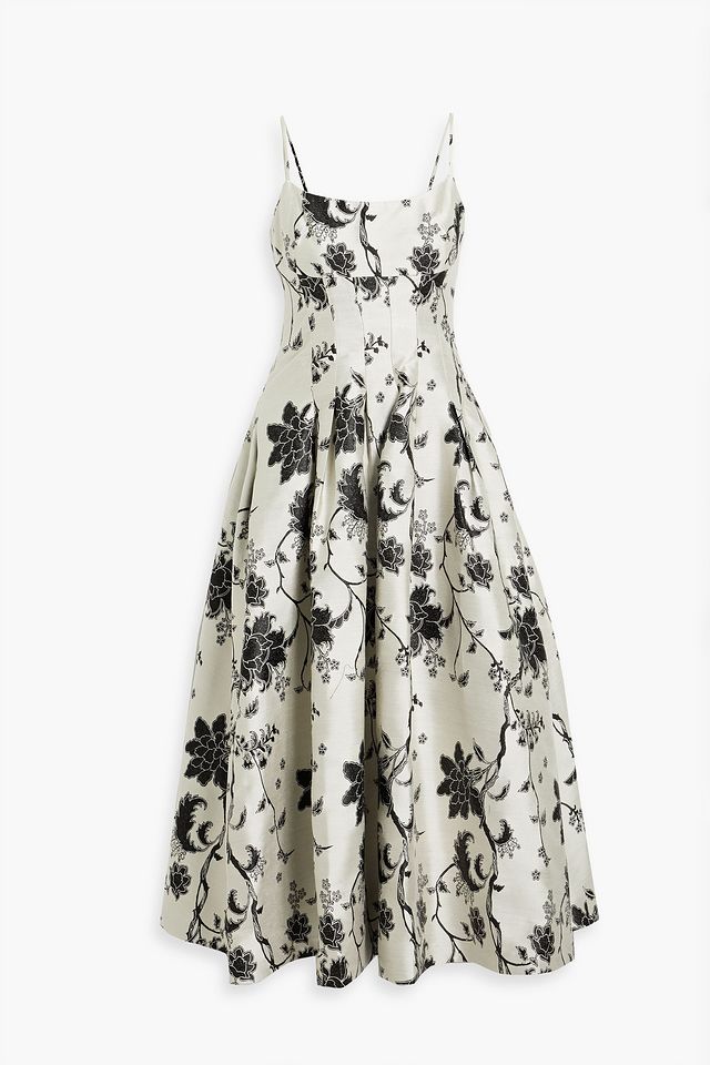 Pleated floral-jacquard midi dress