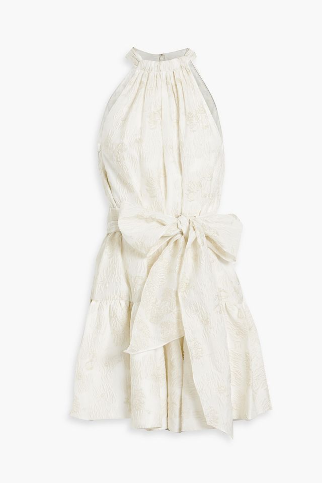 Bow-embellished metallic cloqué-jaquard mini dress