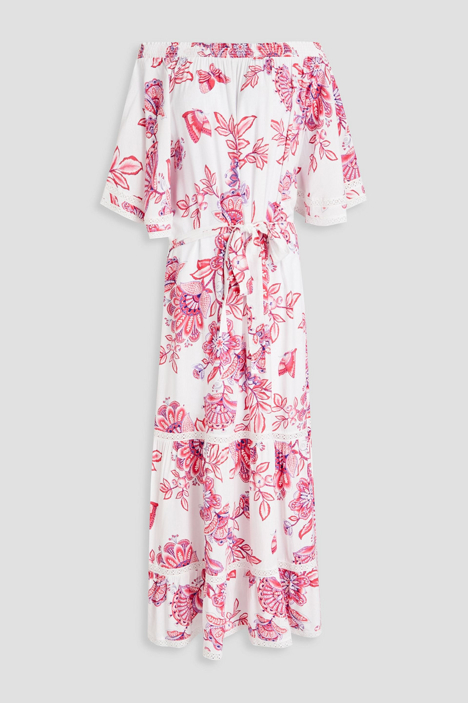 Melissa Odabash Flora Off-the-shoulder Belted Floral-print Voile Maxi Dress In White