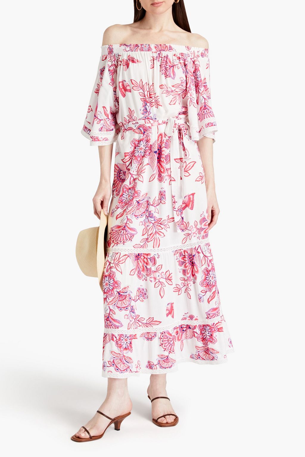 MELISSA ODABASH ボイル マキシワンピース オフショルダー ベルト付き フローラルプリント