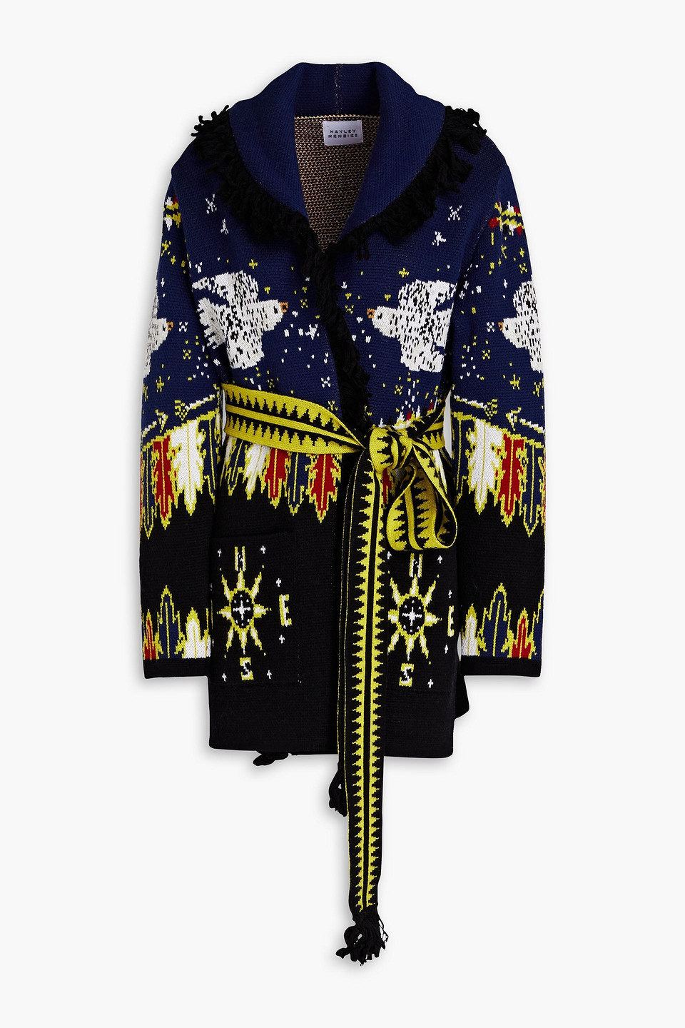 Hayley Menzies Belted Fringed Jacquard knit Wool Cardigan ModeSens