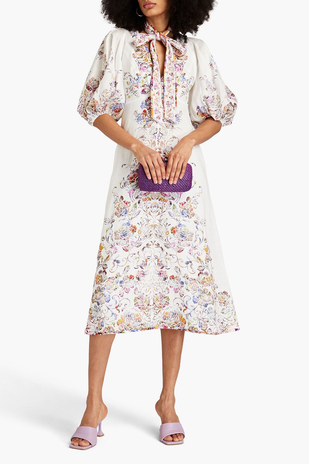 ZIMMERMANN Pussy-bow floral-print linen midi dress