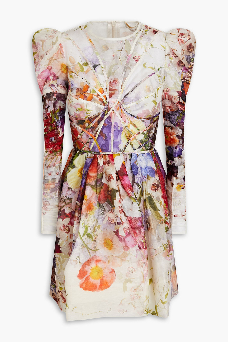 Zimmermann Gathered Floral-print Linen And Silk-blend Mini Dress In Lilac