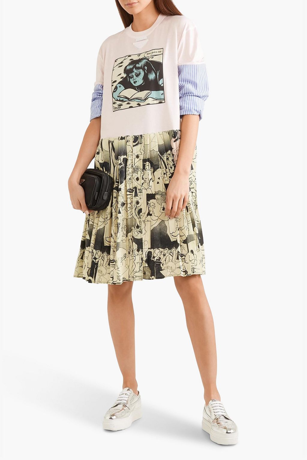PRADA Pleated printed cotton-jersey and silk mini dress