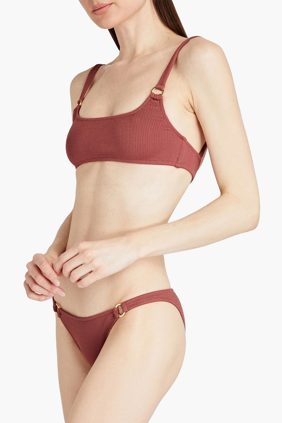 Melissa Odabash Bari Embellished Textured Bikini Briefs In Brown