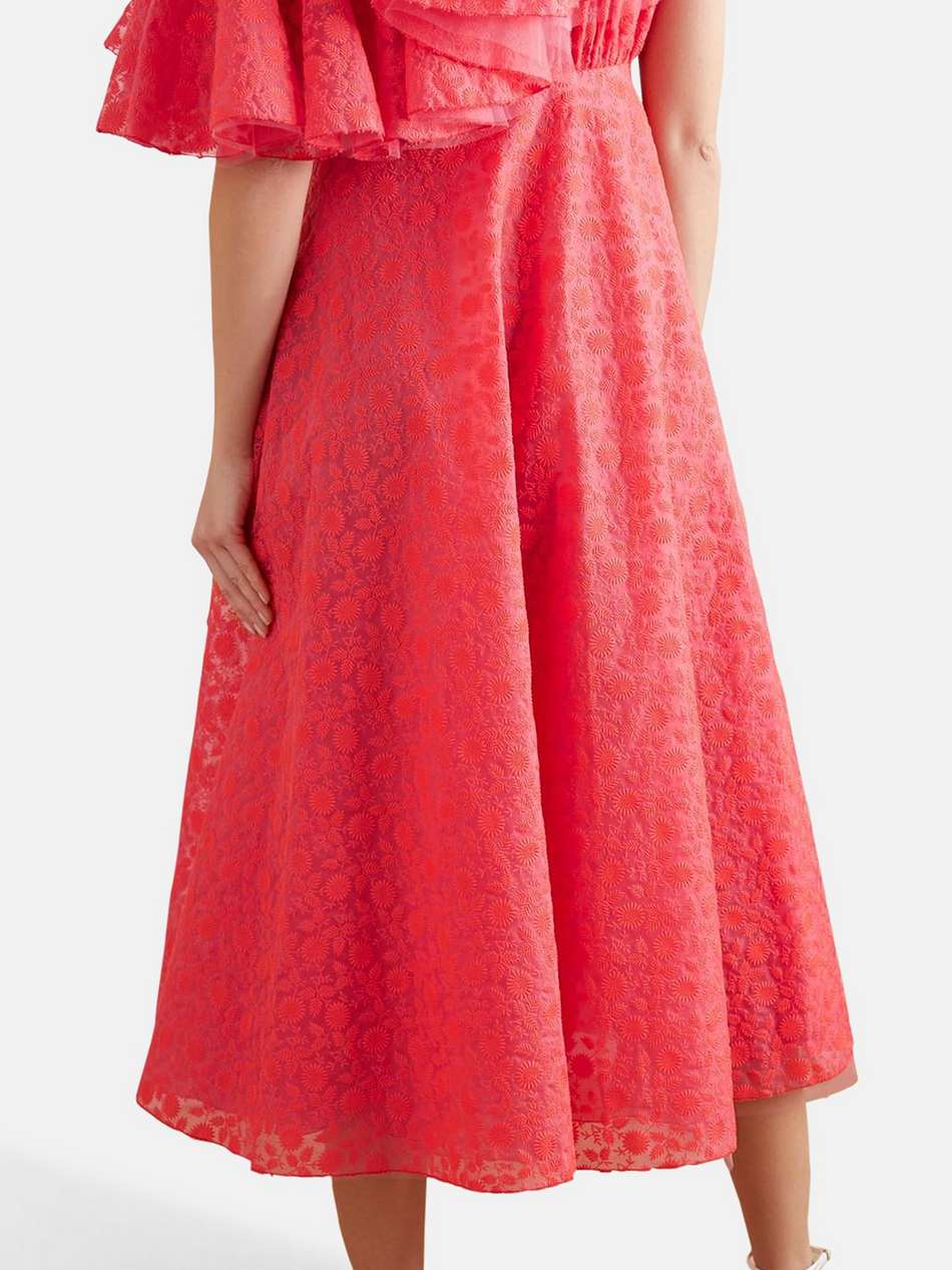 ruffled one-shoulder embroidered silk-organza midi dress