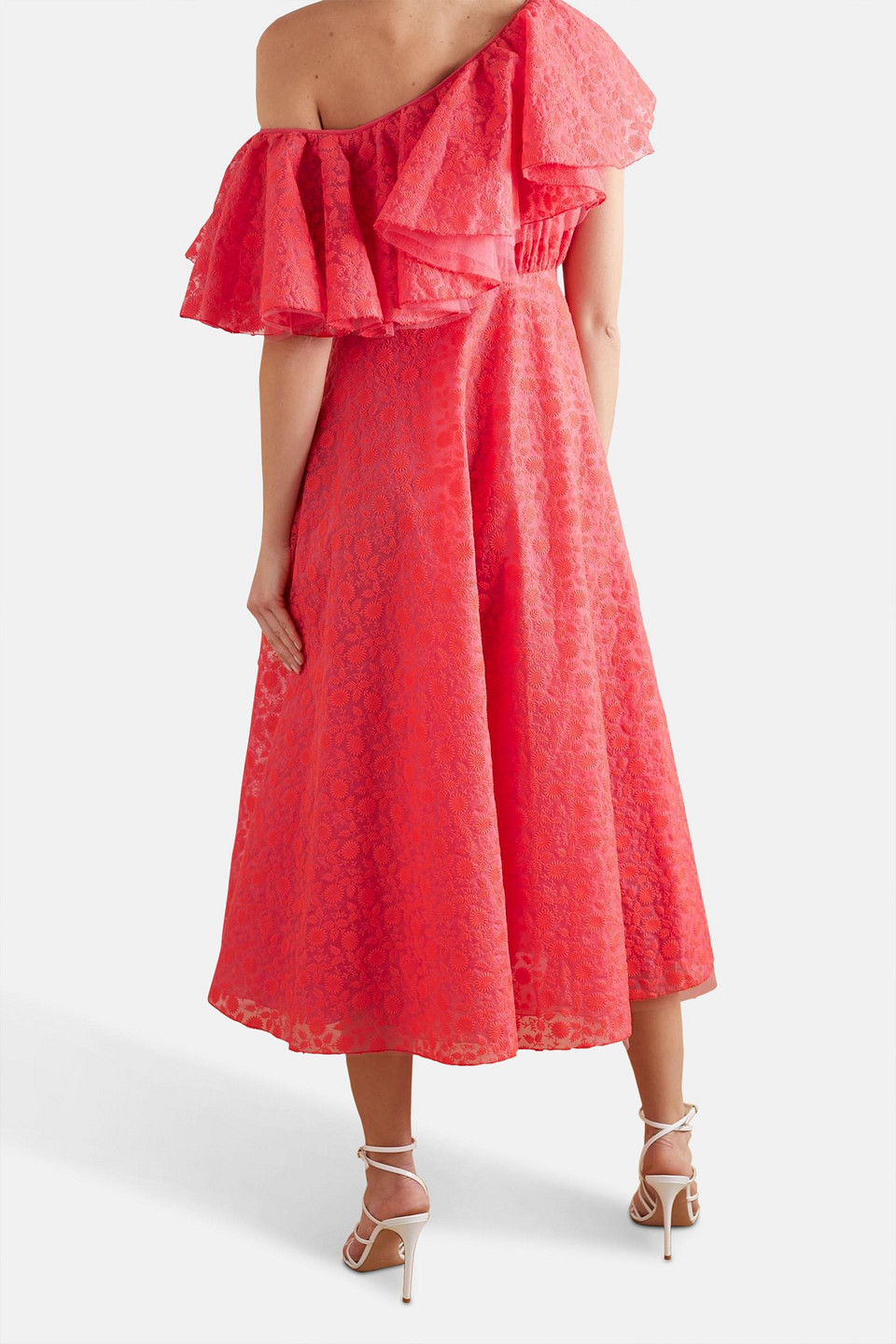 Shop Giambattista Valli Ruffled One-shoulder Embroidered Silk-organza Midi Dress In Coral