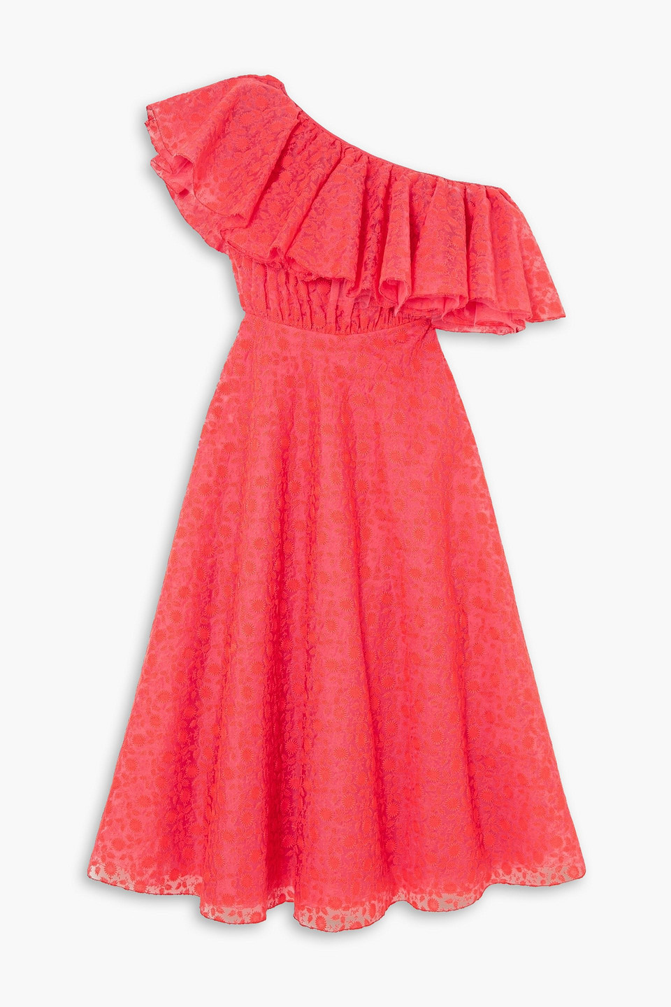 Ruffled one-shoulder embroidered silk-organza midi dress