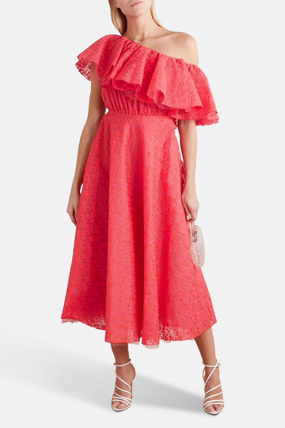 Shop Giambattista Valli Ruffled One-shoulder Embroidered Silk-organza Midi Dress In Coral