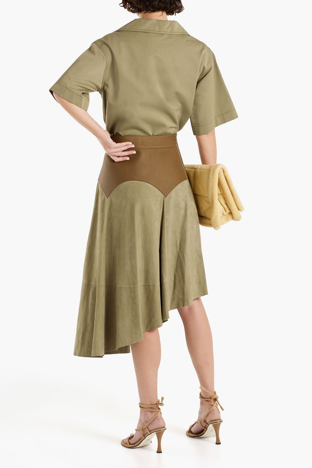 LOEWE Obi asymmetric paneled leather and suede skirt