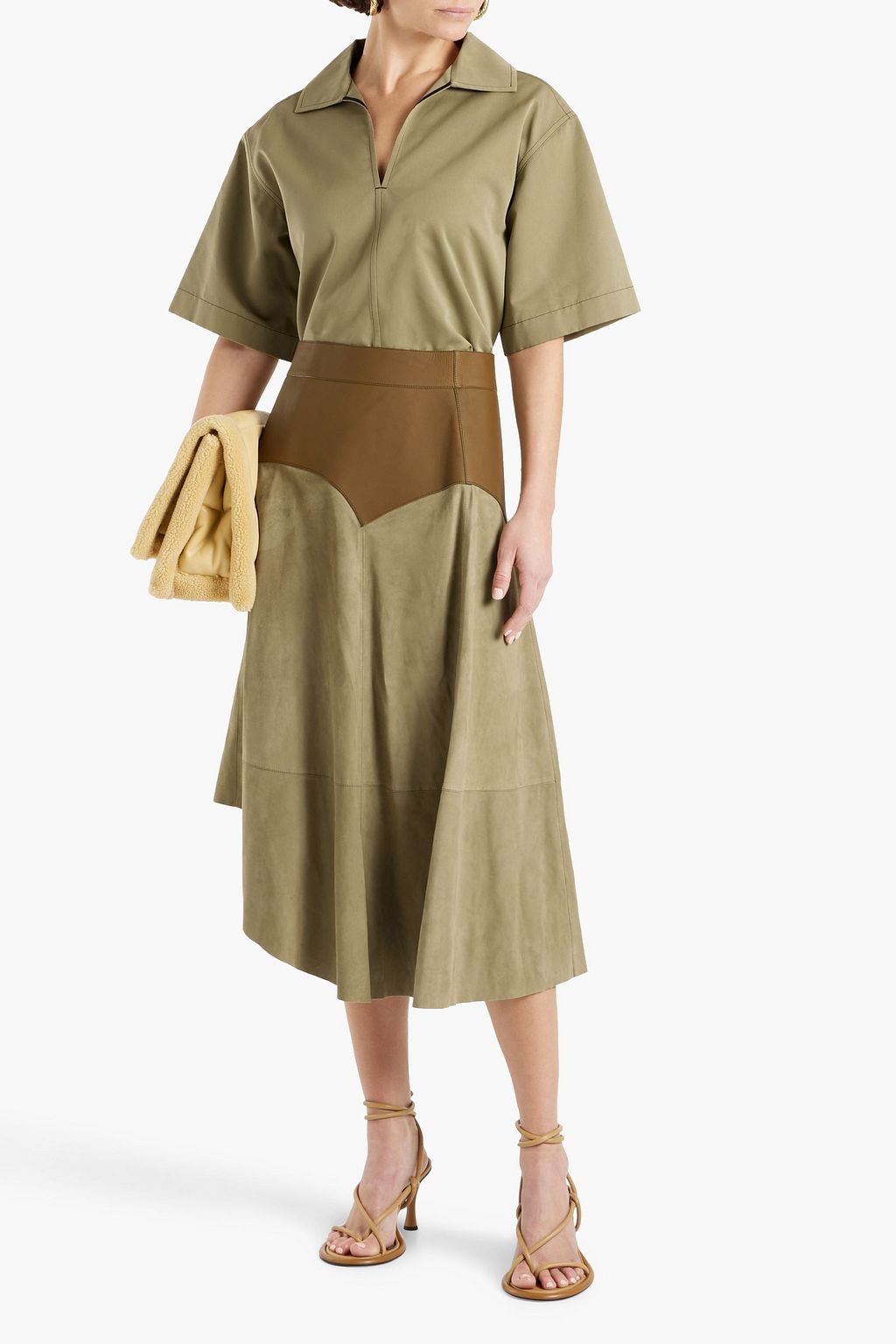 LOEWE Obi asymmetric paneled leather and suede skirt
