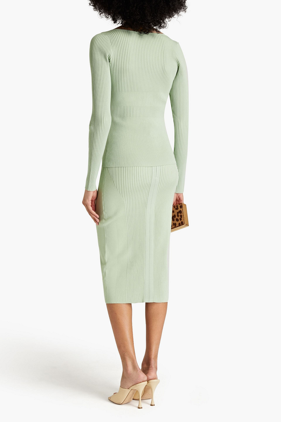 Herve Leger Laurel Ribbed-knit Midi Skirt In Sage Green
