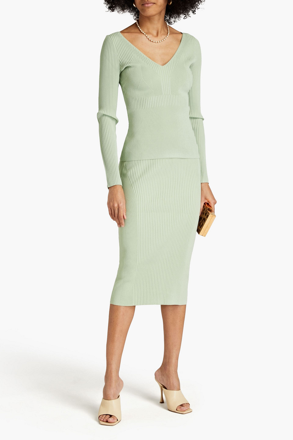 Herve Leger Laurel Ribbed-knit Midi Skirt In Sage Green