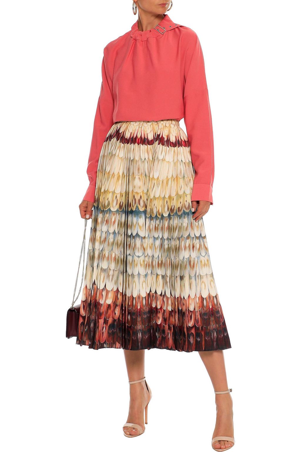 VALENTINO GARAVANI Pleated printed wool and silk-blend crepe midi skirt