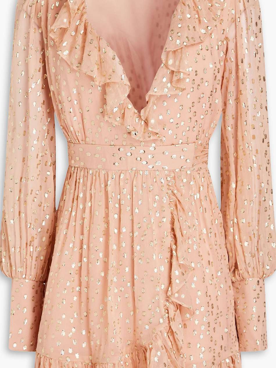 ruffled metallic fil coupé silk-blend mini wrap dress