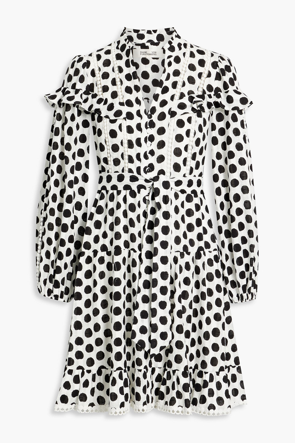 Shop Diane Von Furstenberg Chicago Ruffled Polka-dot Cotton-jacquard Mini Dress In Ivory