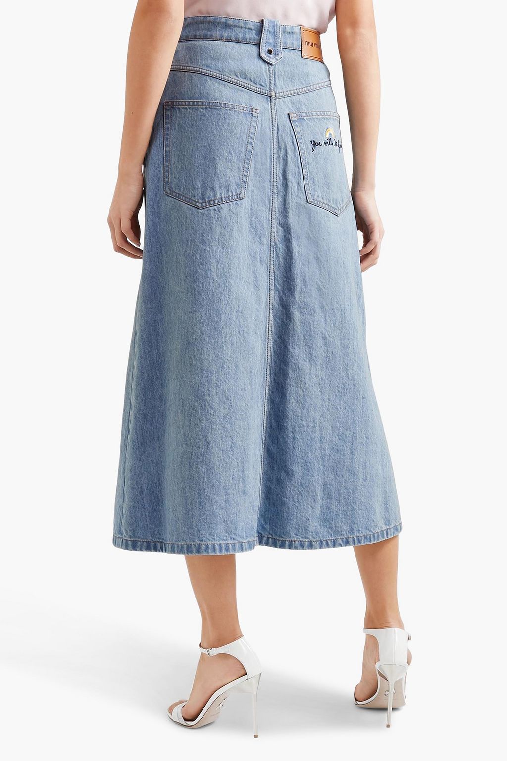 MIU MIU Midirock aus Denim mit Schnürung und Nieten