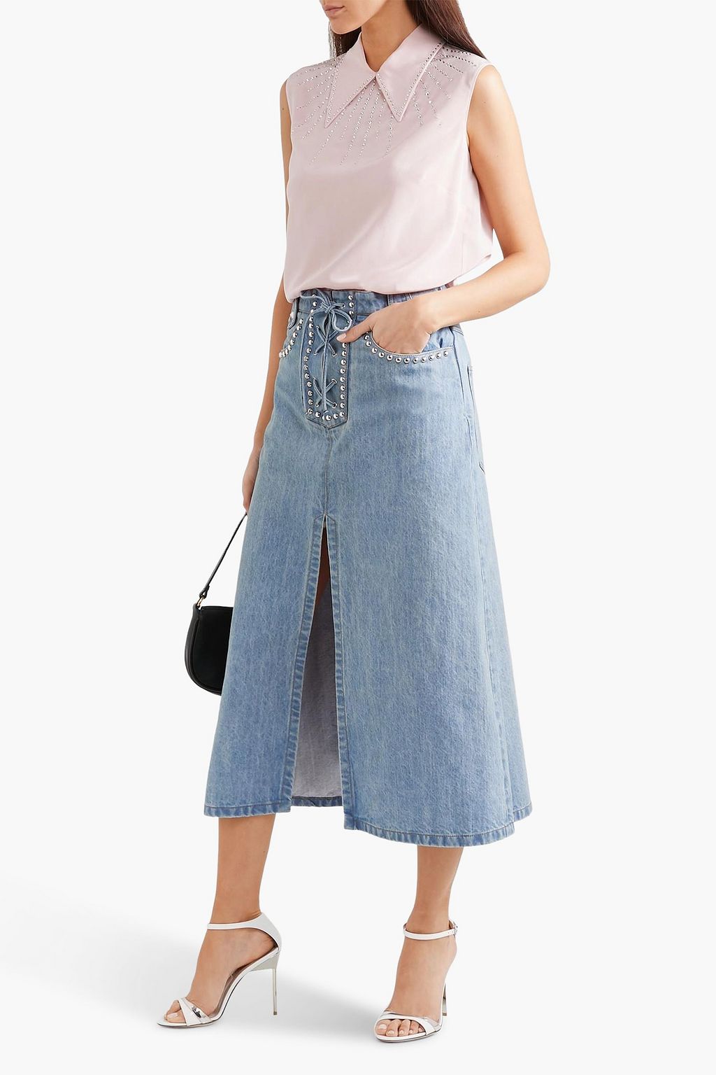 MIU MIU Midirock aus Denim mit Schnürung und Nieten