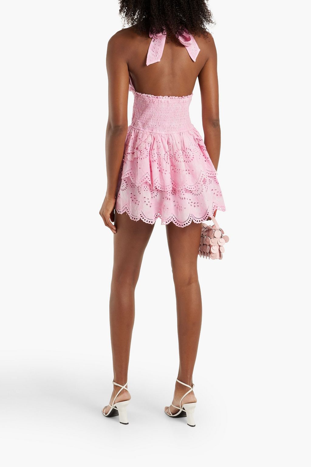 LOVESHACKFANCY Deanna shirred tie-dyed broderie anglaise cotton halterneck mini dress