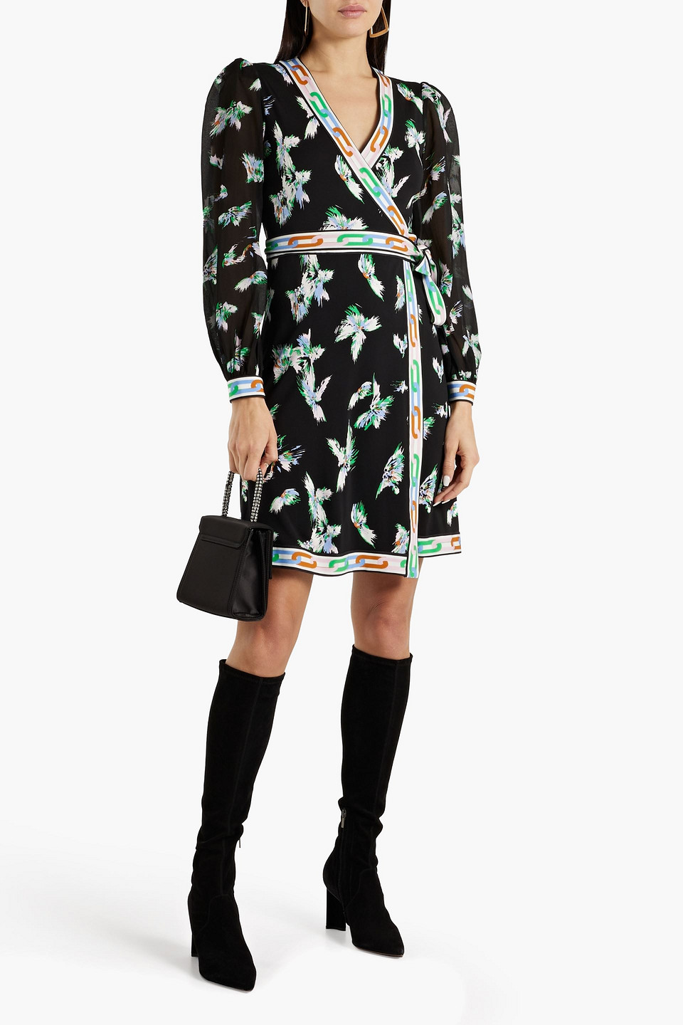 Shop Diane Von Furstenberg Gala Printed Jersey Mini Wrap Dress In Bright Green