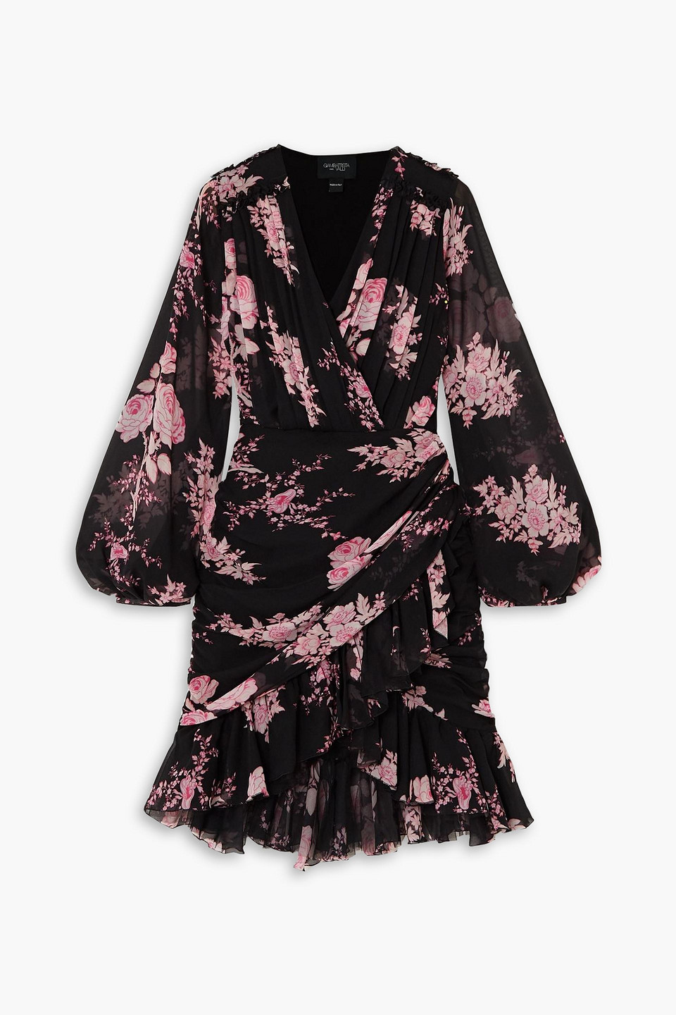 Giambattista Valli Wrap-effect Ruffled Floral-print Silk-georgette Mini Dress In Black