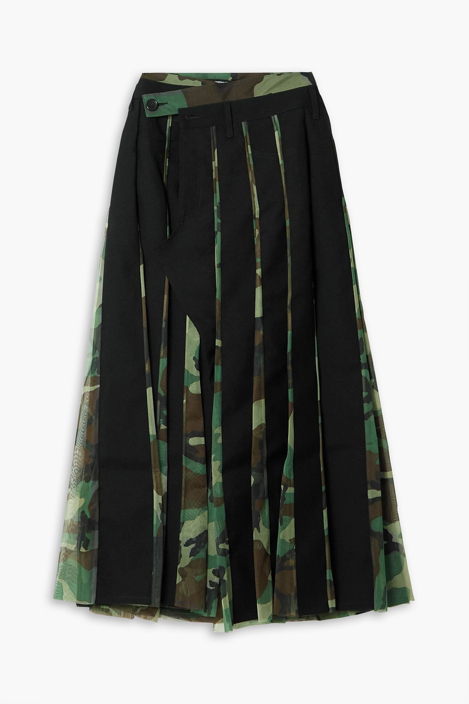 JUNYA WATANABE COMME DES GARÇONS Wool twill-paneled camouflage tulle midi wrap skirt