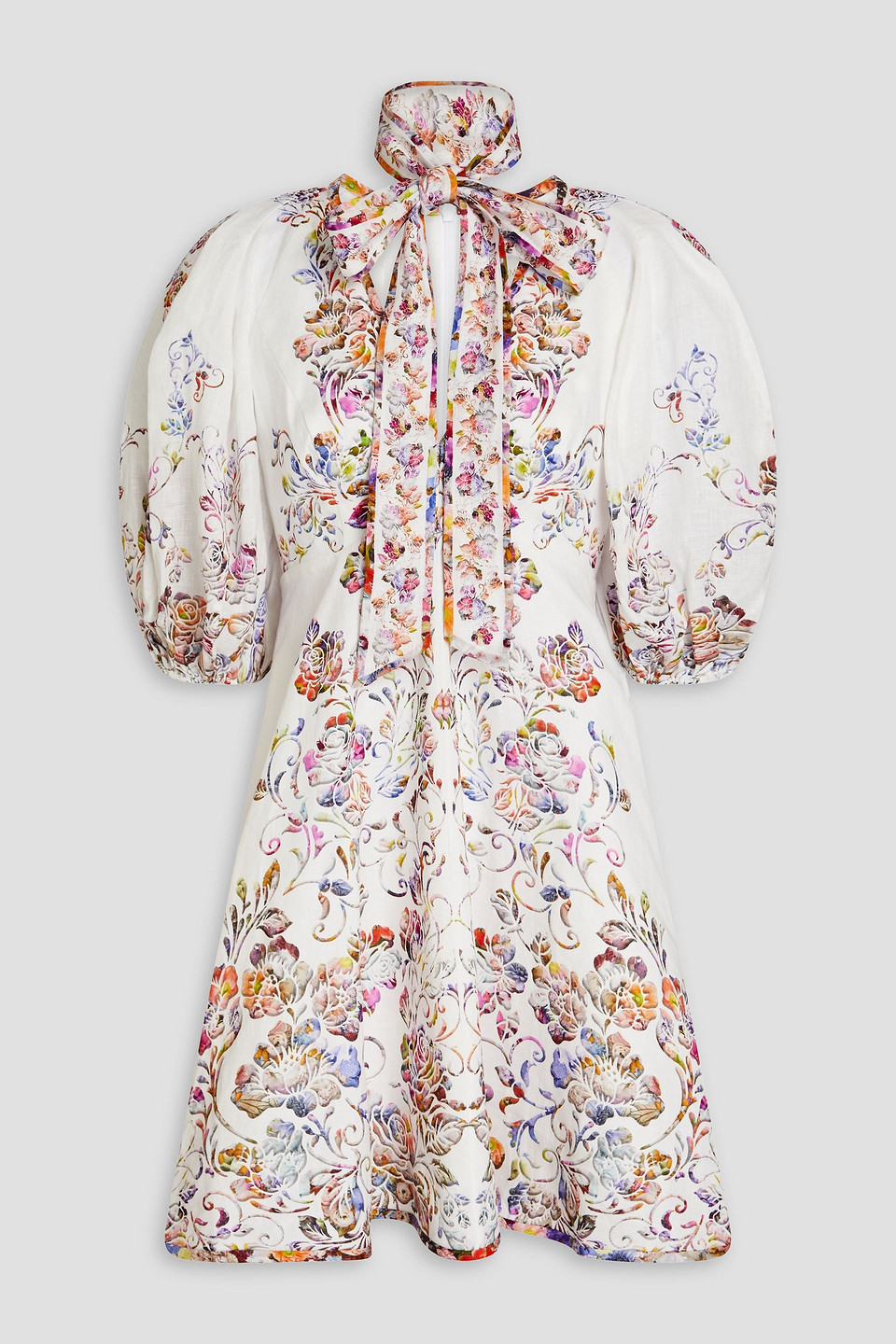 Zimmermann Gathered Floral-print Linen Mini Dress In Multicolor