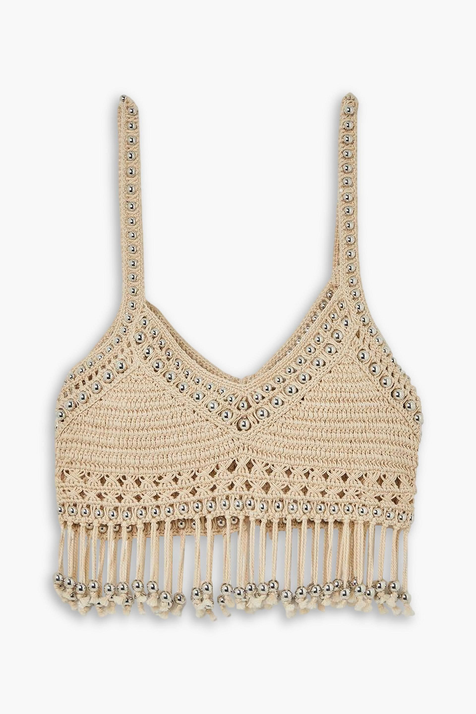 rabanne - cropped tasseled bead-embellished crocheted cotton camisole - neutral - l