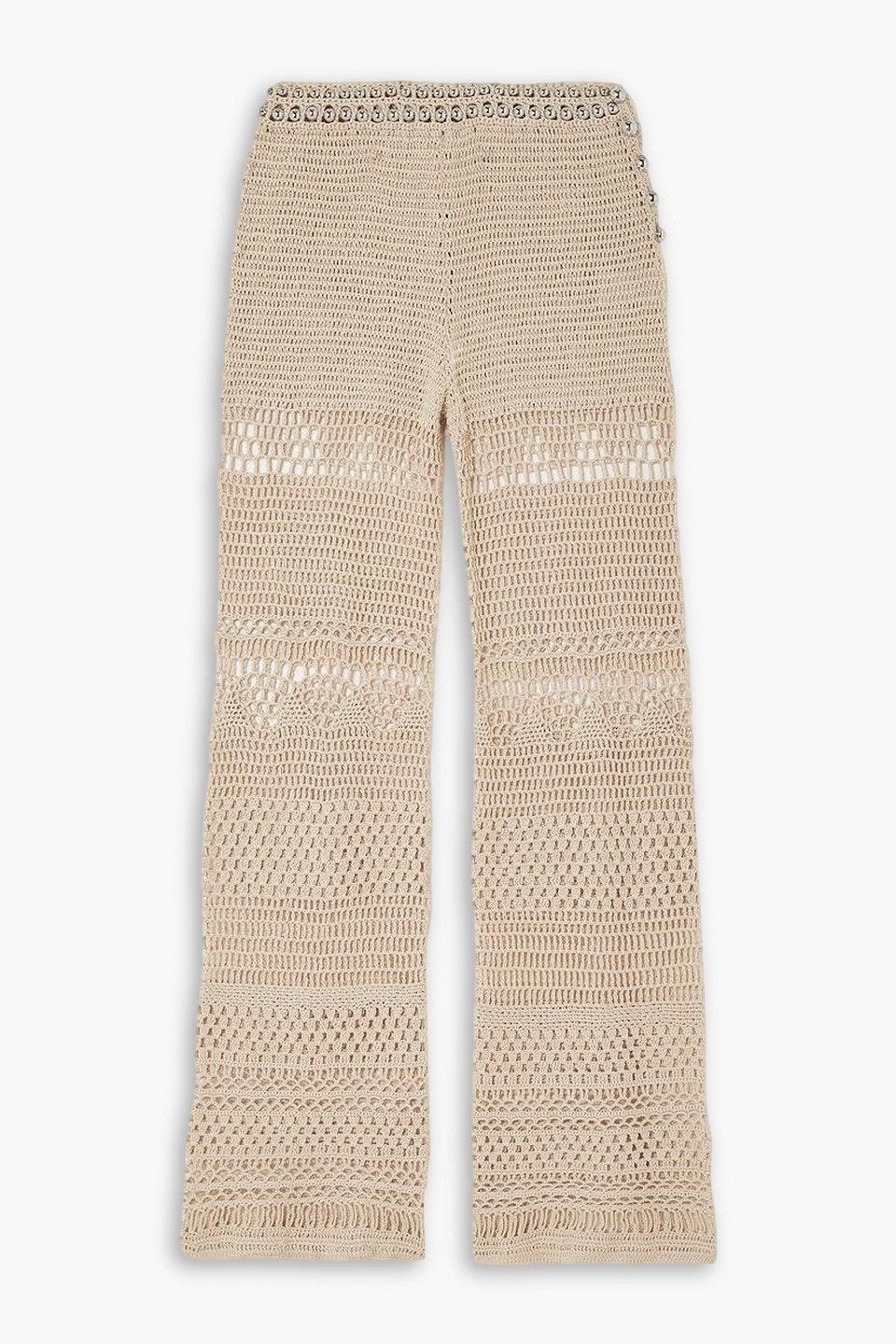 Rabanne Embellished Crocheted Cotton Flared Pants In Brown