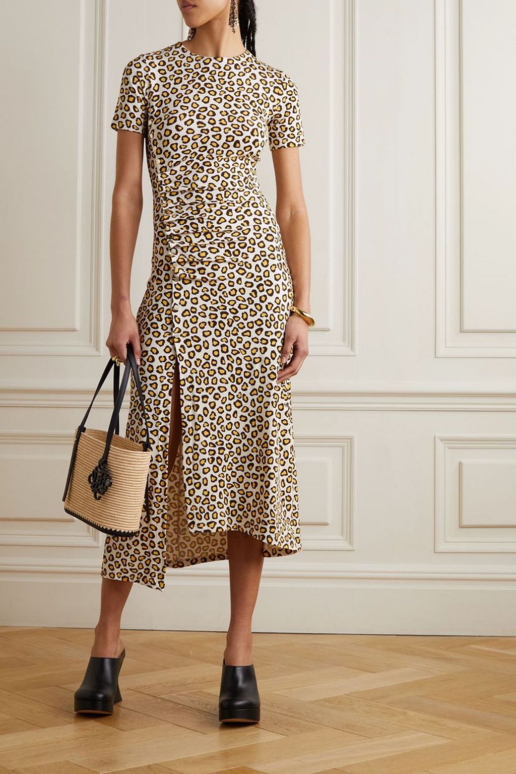 RABANNE Ruched leopard-print jersey midi dress