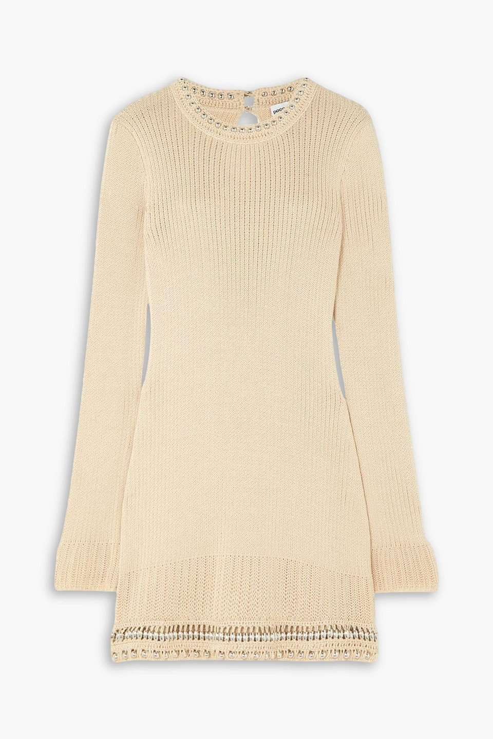 Rabanne Embellished Open-knit Cotton Mini Dress In Beige