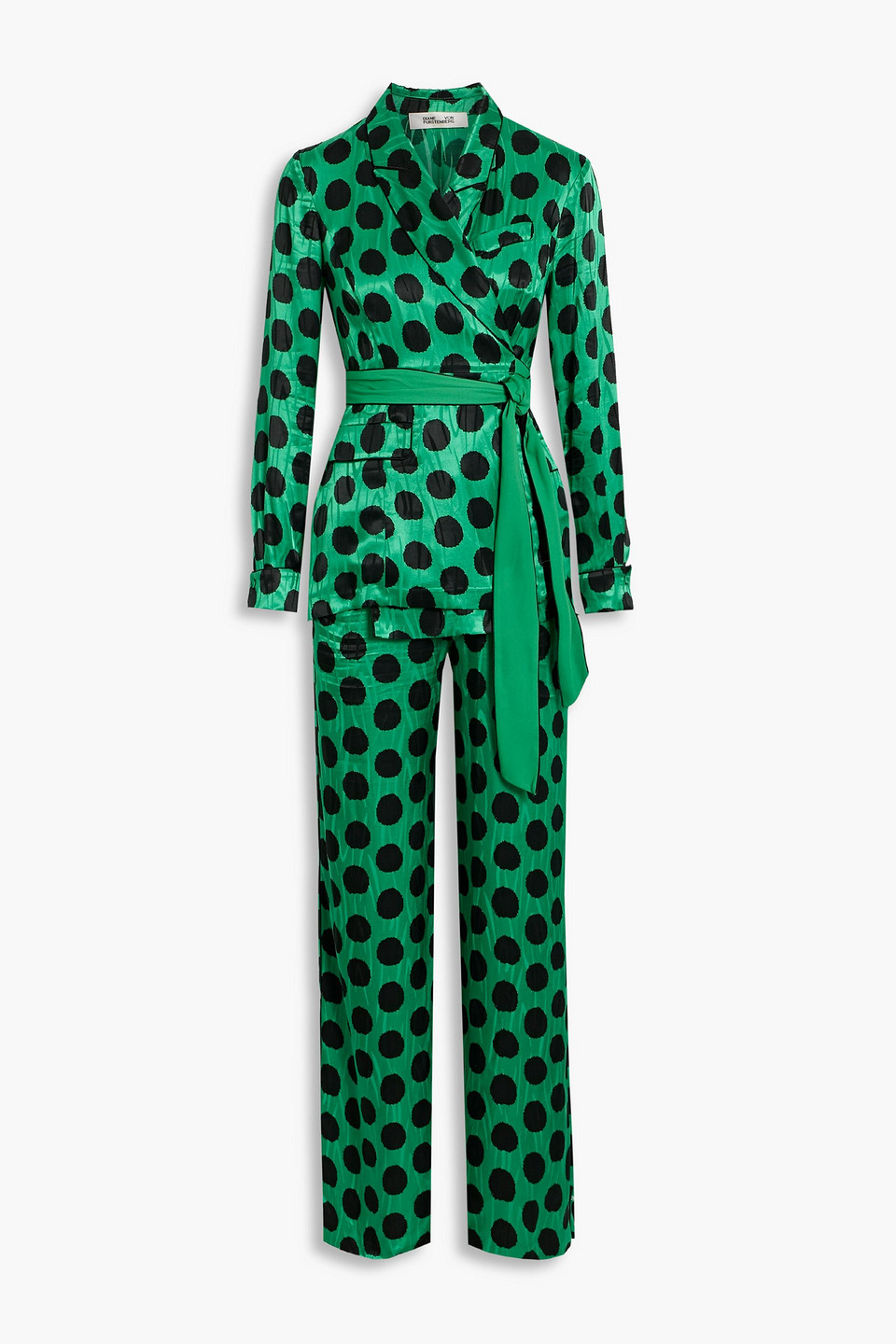 Diane Von Furstenberg Clyde Wrap-effect Polka-dot Satin-jacquard Wide-leg Jumpsuit In Green