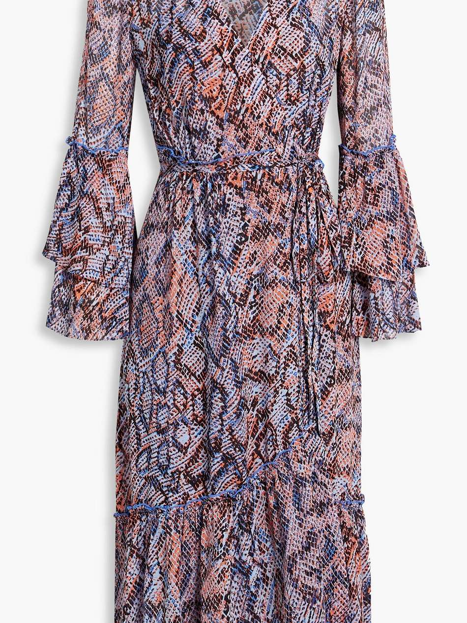 elora ruffled snake-print chiffon midi wrap dress