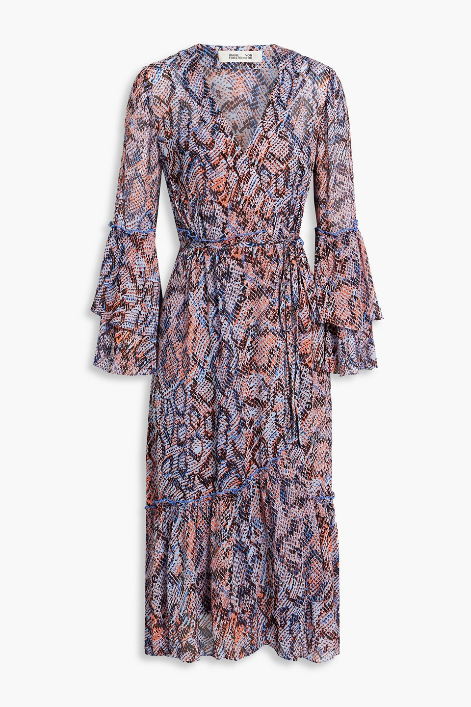 Shop Diane Von Furstenberg Elora Ruffled Snake-print Chiffon Midi Wrap Dress In Blue