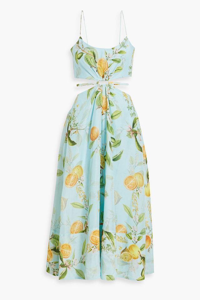Cutout printed slub woven midi dress