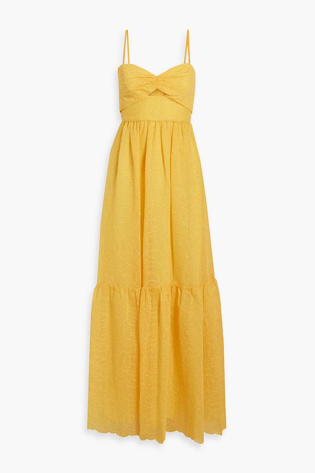 Gathered cutout broderie anglaise maxi dress
