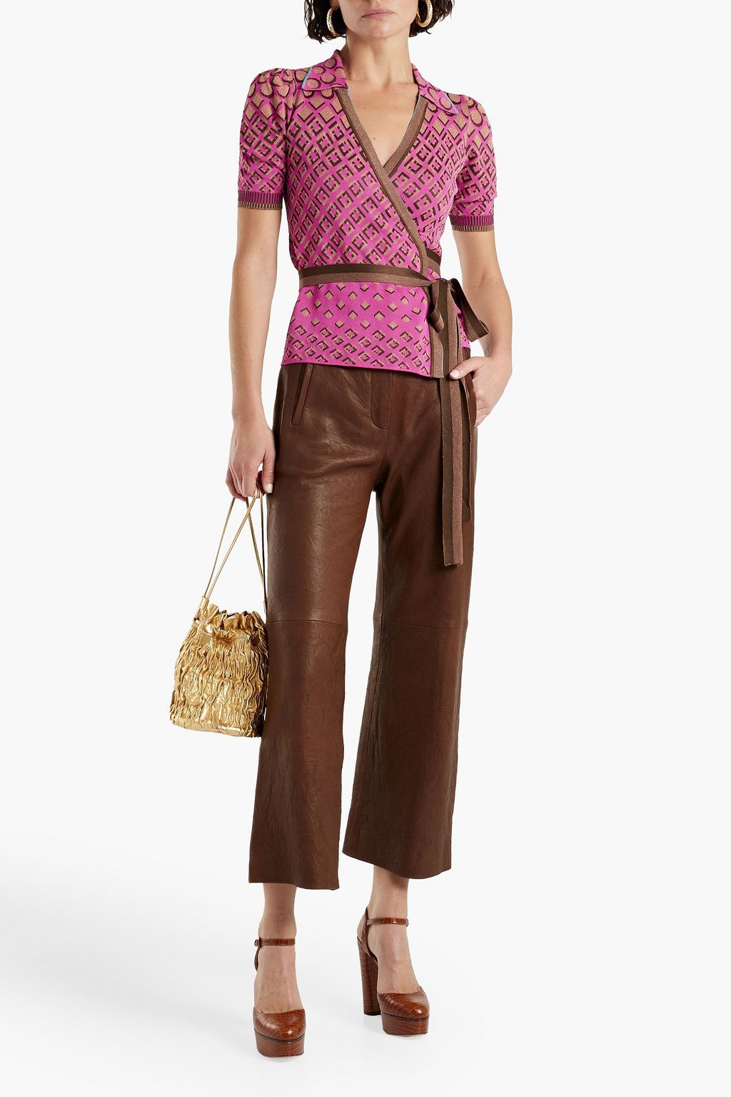 DIANE VON FURSTENBERG Marnee metallic jacquard-knit cotton-blend wrap top