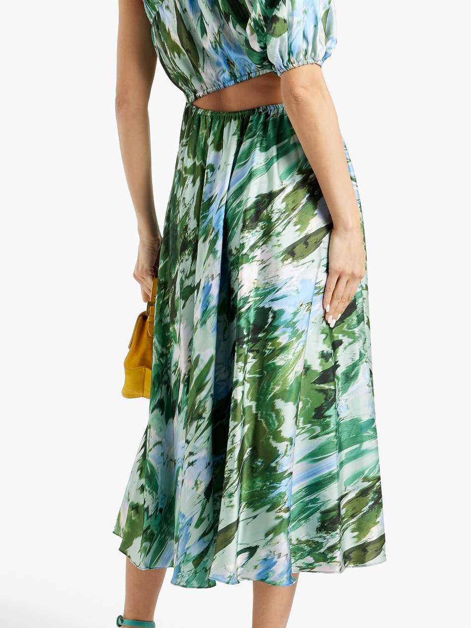 one-shoulder cutout printed satin-twill midi dress