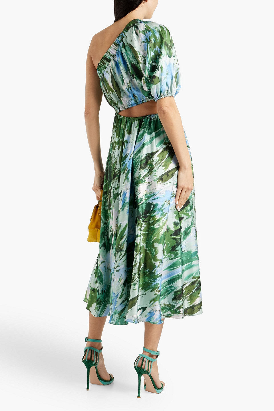 Shop ml Monique Lhuillier One-shoulder Cutout Printed Satin-twill Midi Dress In Green