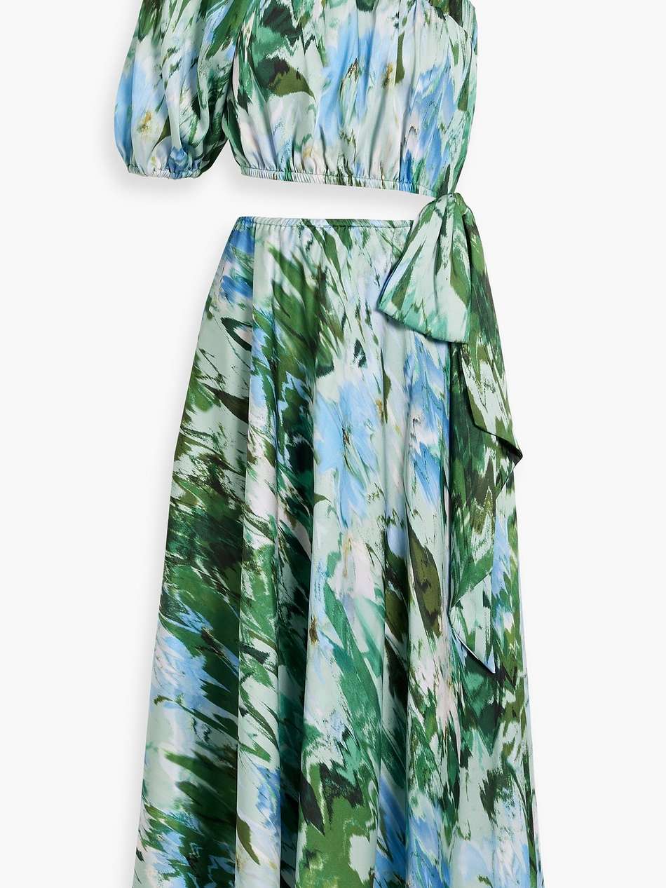 one-shoulder cutout printed satin-twill midi dress