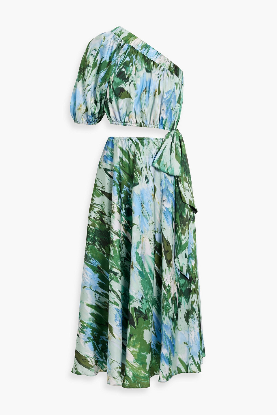 Shop ml Monique Lhuillier One-shoulder Cutout Printed Satin-twill Midi Dress In Green