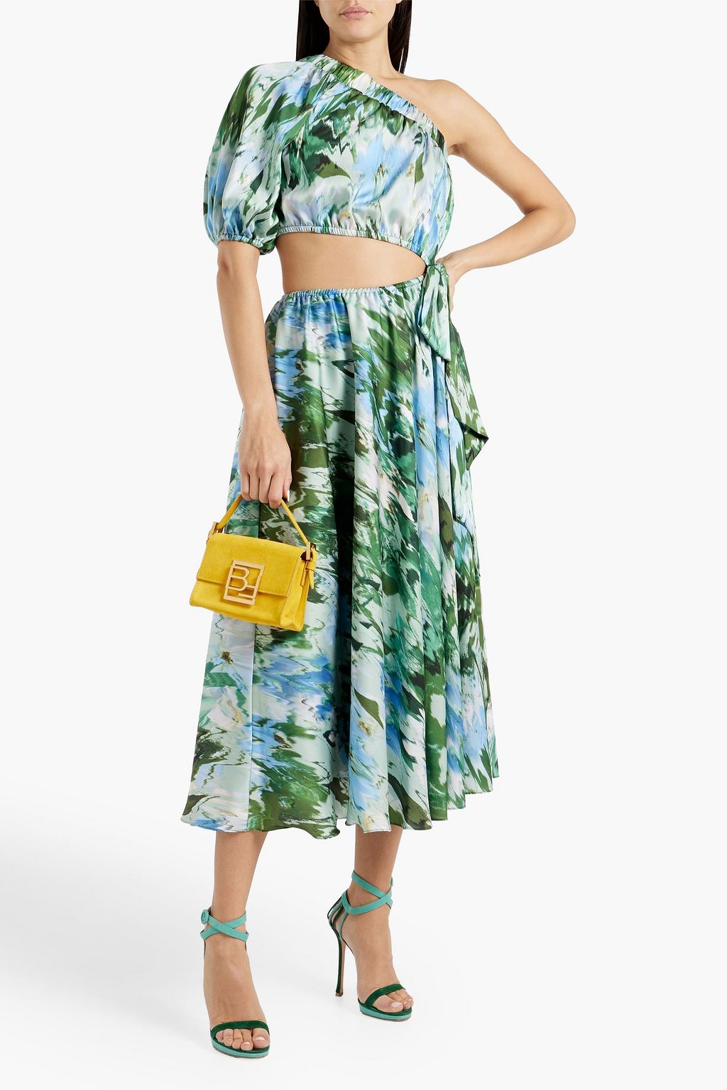 ML MONIQUE LHUILLIER One-shoulder cutout printed satin-twill midi dress