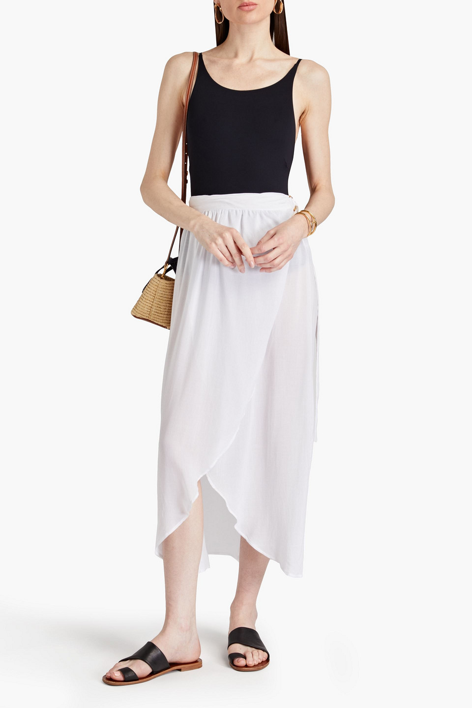 Melissa Odabash Devlin Gathered Voile Midi Wrap Skirt In White