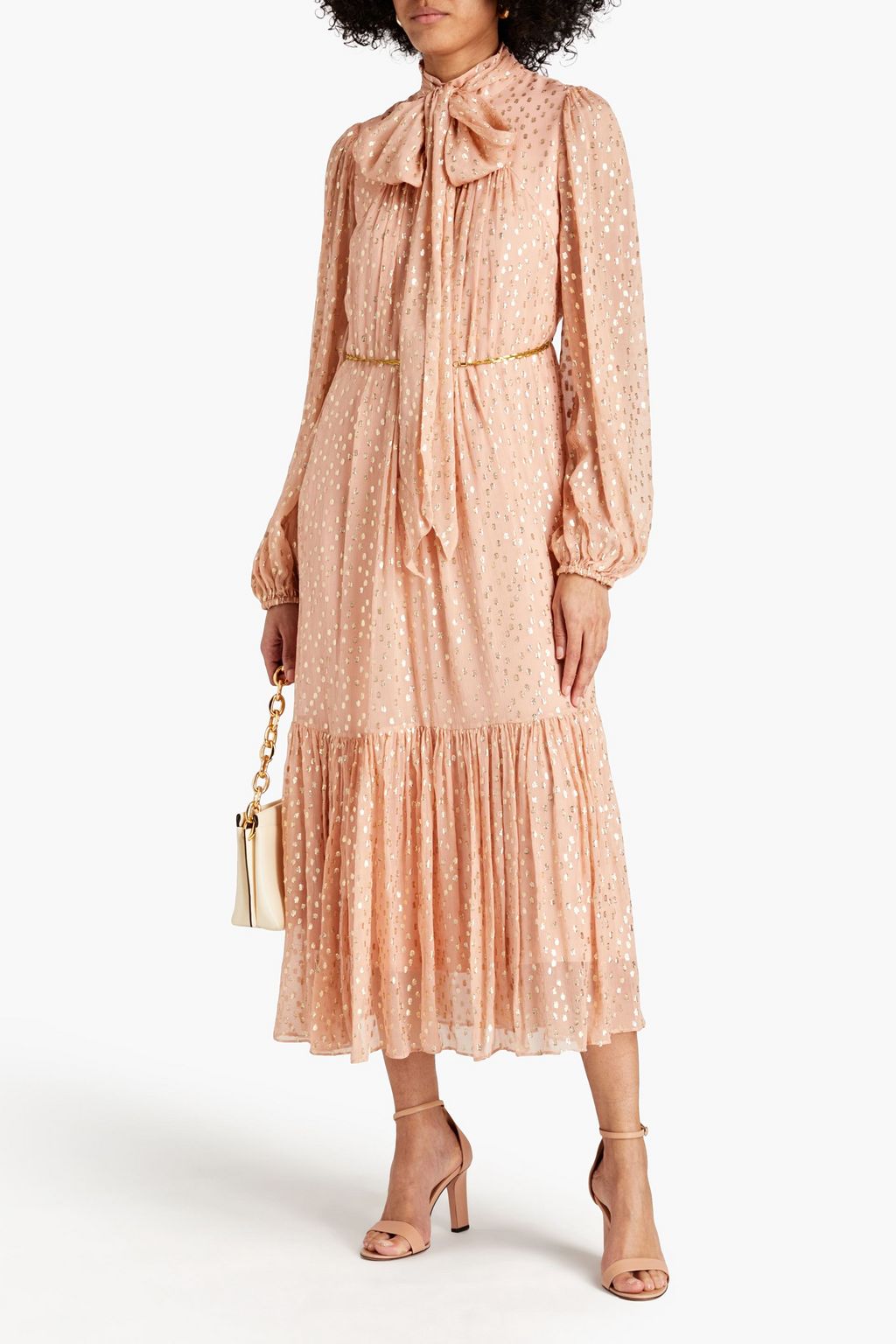 ZIMMERMANN Billow pussy-bow metallic fil coupé crepon midi dress