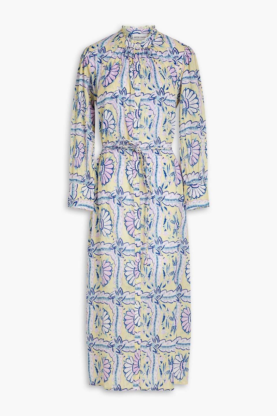 Antik Batik Hupa Printed Cotton-voile Midi Shirt Dress In Pastel Yellow