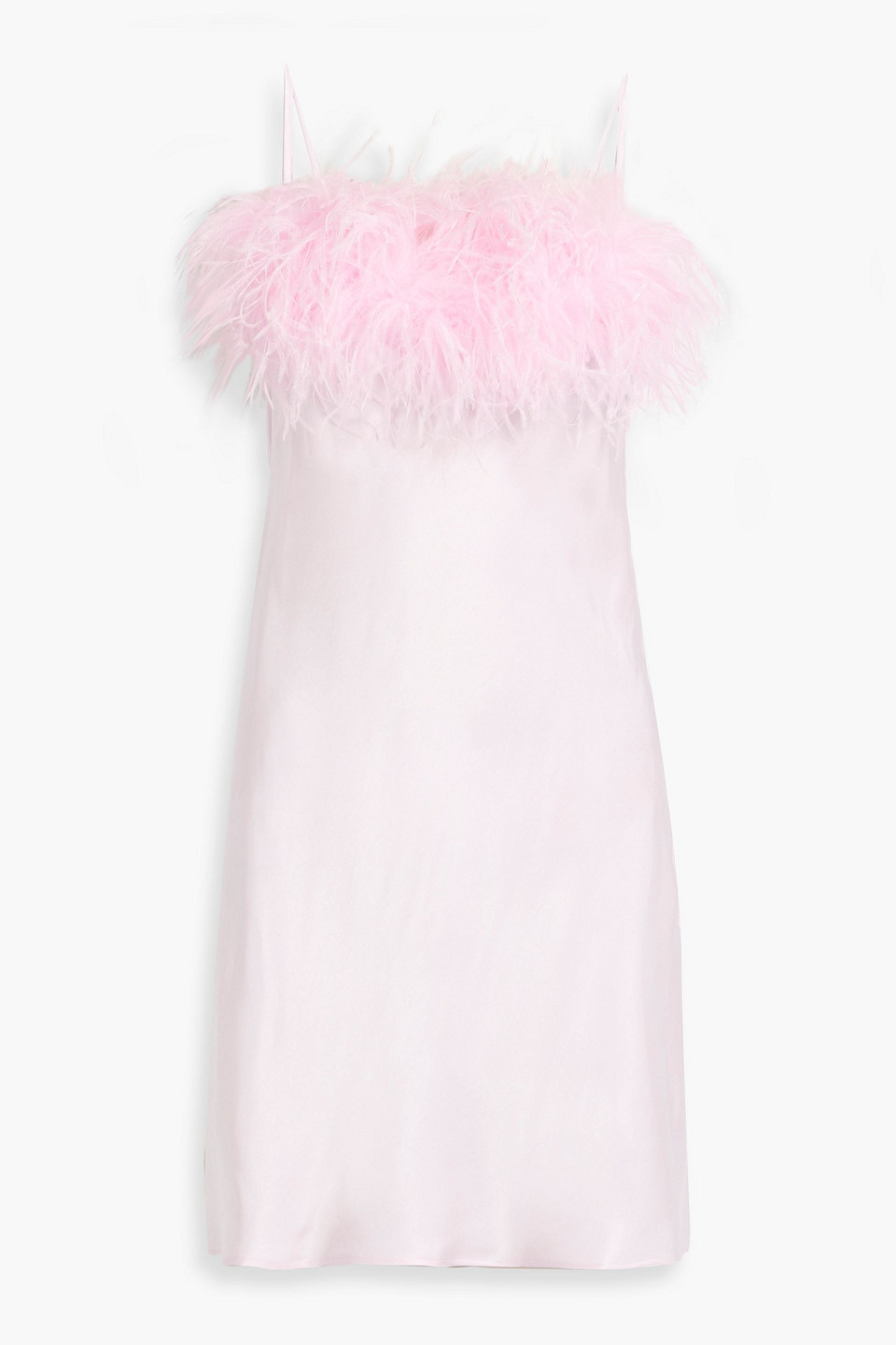 Shop Sleeper Boheme Feather-trimmed Satin Mini Slip Dress In Baby Pink