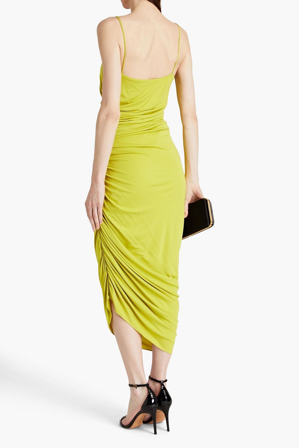 HALSTON 컷아웃 루쉬 디테일 저지 미디 드레스