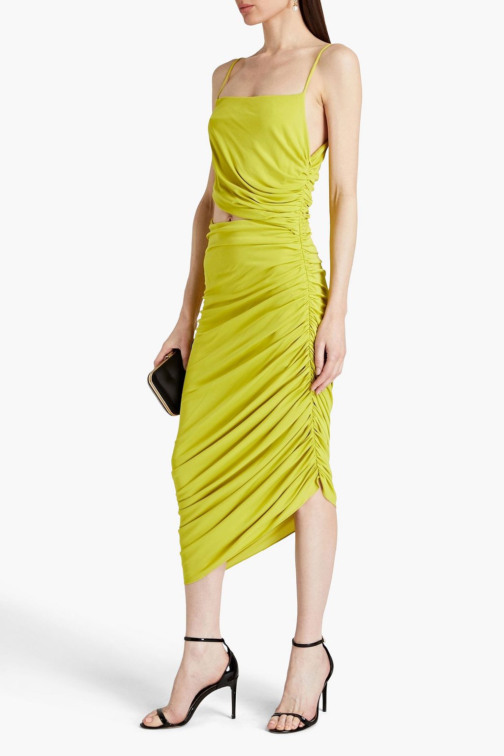 HALSTON 컷아웃 루쉬 디테일 저지 미디 드레스