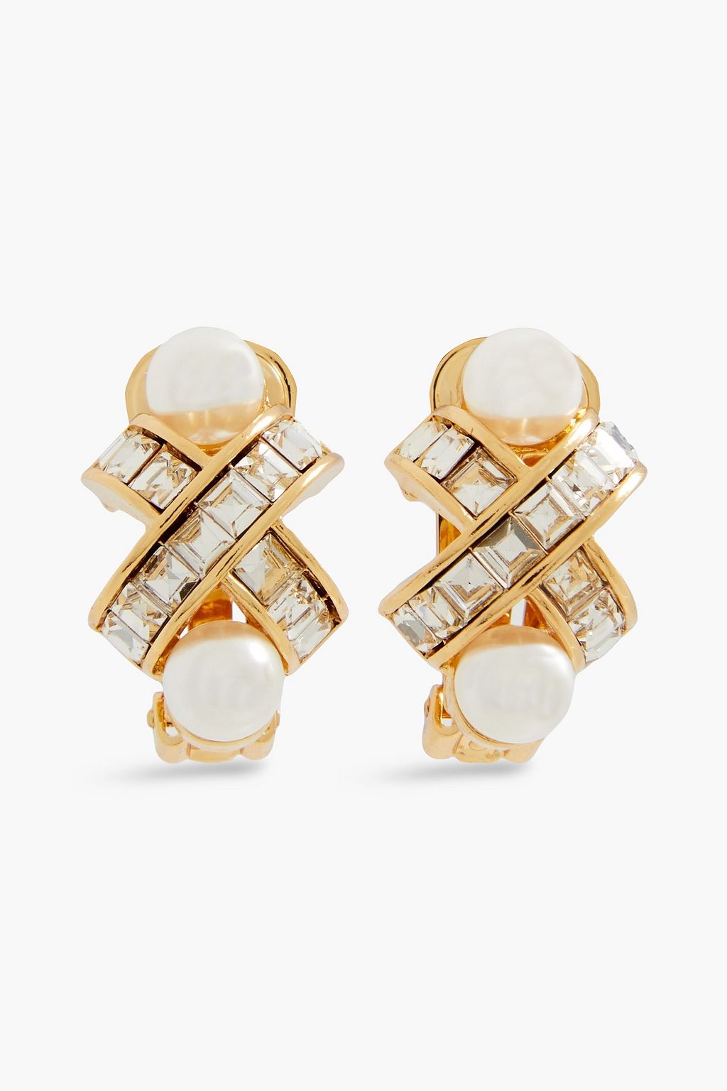 Gold plated faux pearl and crystal clip earrings